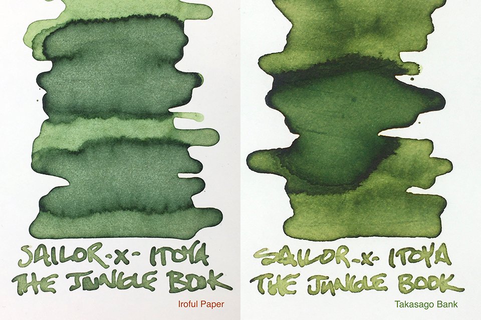 Itoya x Sailor The Jungle Book fountain pen ink swatches on Iroful and Takasago Bank papers