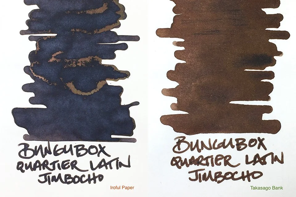 BUNGUBOX Quartier Latin Jimbocho fountain pen ink swatches on Iroful and Takasago Bank papers