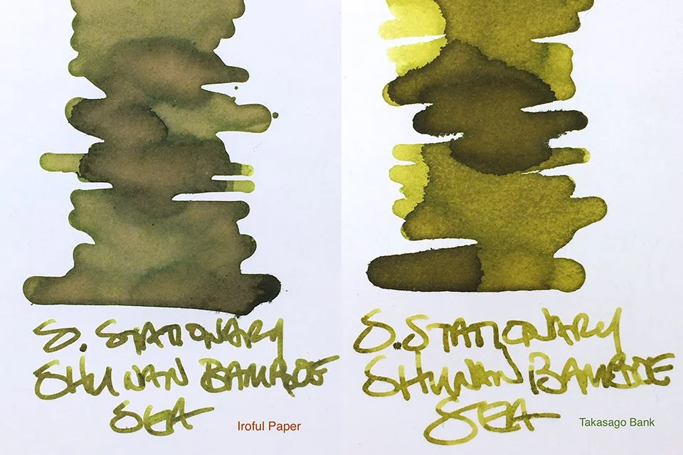 Shanghai Stationary Shunan Bamboe Sea fountain pen ink swatches on Iroful and Takasago Bank papers