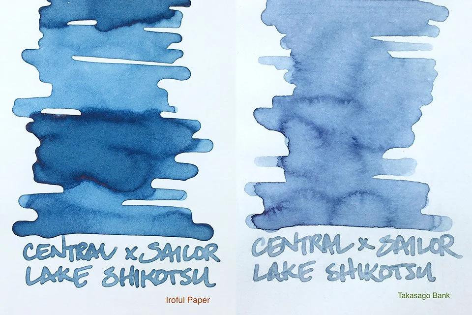 Daimaru Fujii Central Lake Shikotsu fountain pen ink swatches on Iroful and Takasago Bank papers