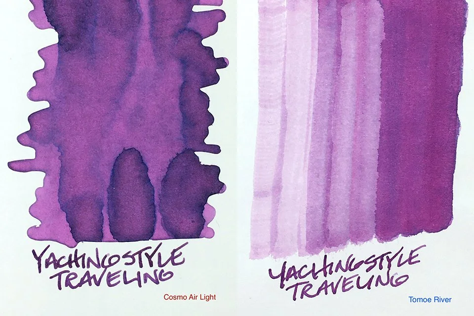 Yachingstyle Traveling fountain pen ink swatches on Cosmo Air Light and Tomoe River papers