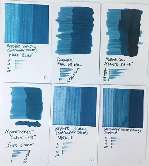 Zephyr Studio Mirai e fountain pen ink swatch card comparisons