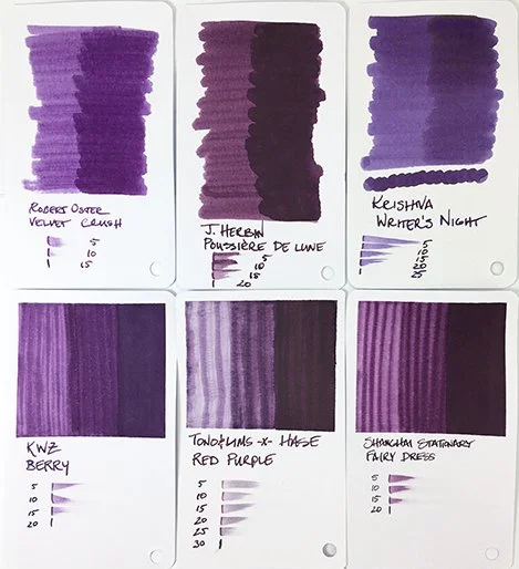Hase x Tono & Lims Red Purple fountain pen ink swatch card comparisons