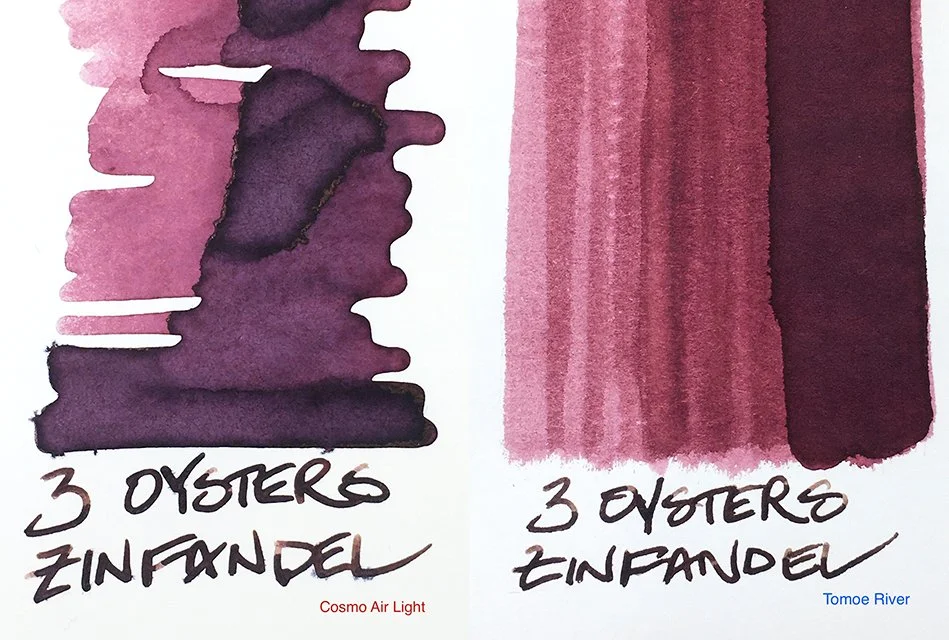 3 Oysters Zinfandel fountain pen ink on Cosmo Air Light and Tomoe River papers