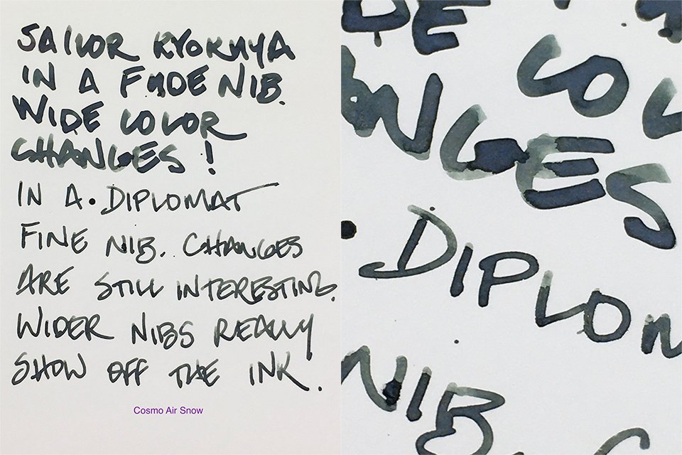 Sailor Yurameku Kyokuya fountain pen ink writing sample on Cosmo Air Snow paper
