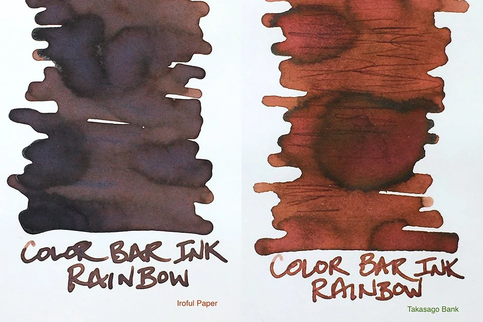 Color Bar Rainbow fountain pen ink swatches on Iroful and Takasago Bank papers