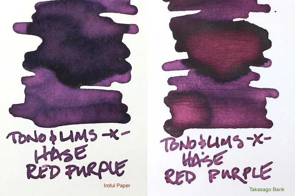 Hase x Tono & Lims Red Purple fountain pen ink swatches on Iroful and Takasago Bank Papers