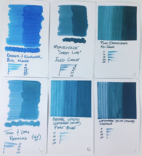 Zephyr Studio Port Blue fountain pen ink swatch card comparisons