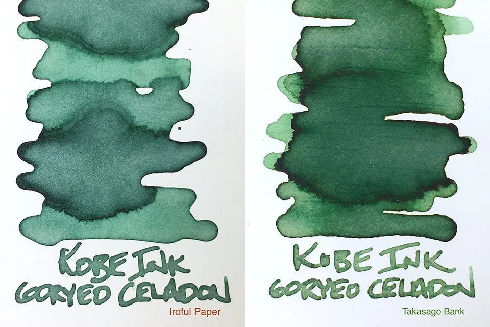 Kobe INK Goryeo Celadon fountain pen ink swatches on Iroful and Takasago Bank papers