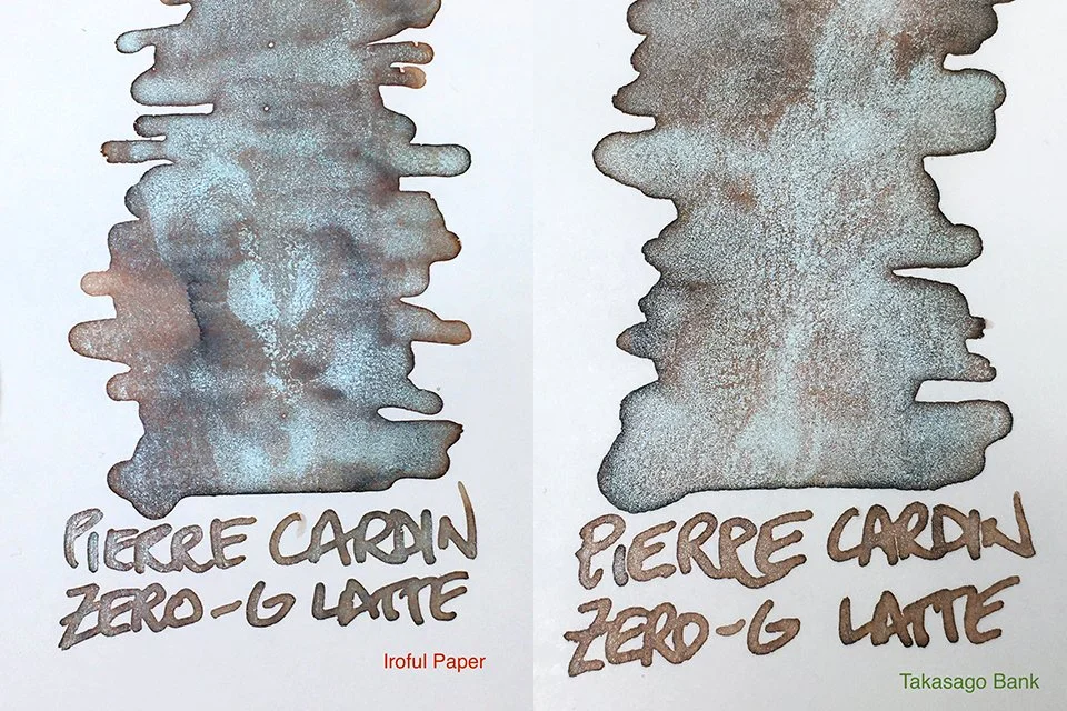 Pierre Cardin Zero-G Latte swatches on Iroful and Takasago Bank papers