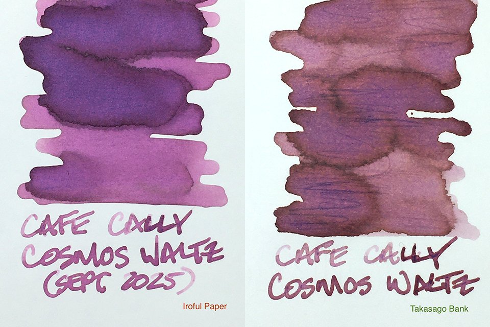 Cafe Cally Cosmos Waltz fountain pen ink swatches on Iroful and Takasago Bank Papers