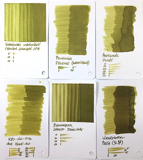 BUNGUBOX Shuto Bancha fountain pen ink swatch card comparisons