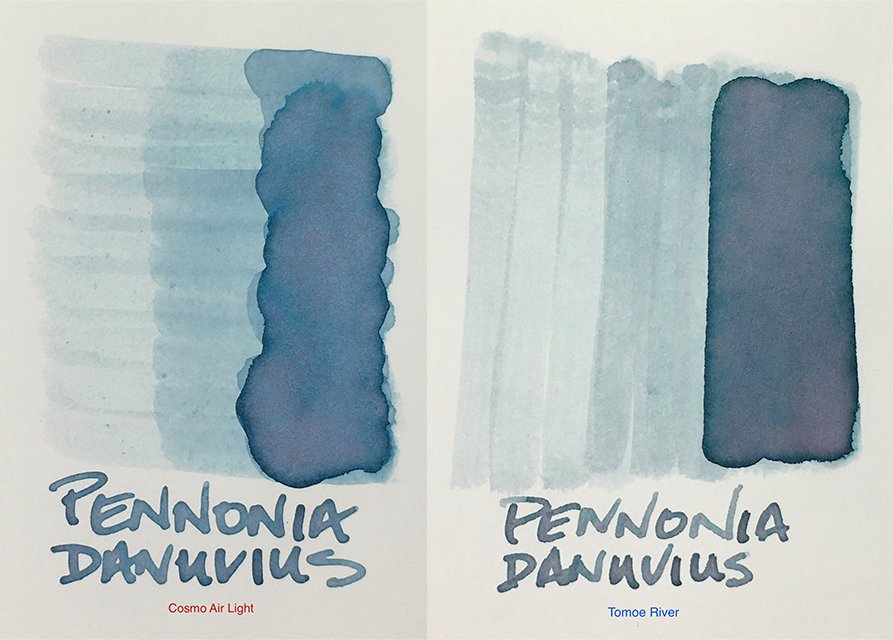 Pennonia Danuvius fountain pen ink on Cosmo Air Light and Tomoe River papers