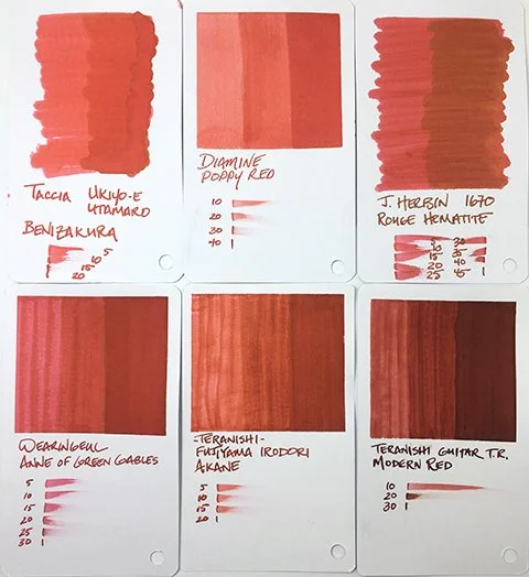 Teranishi Fujiyama Irodori Akane Red fountain pen ink swatch card comparisons