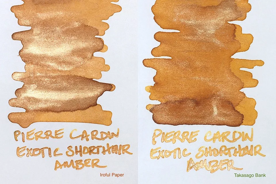 Pierre Cardin Exotic Shorthair Amber swatches on Iroful and Takasago Bank papers