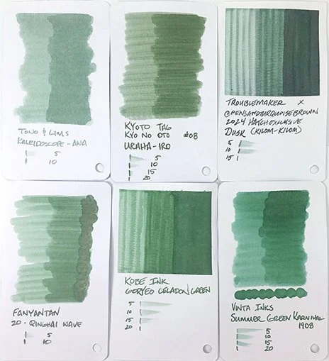 Kobe INK Goryeo Celadon fountain pen ink swatch card comparisons