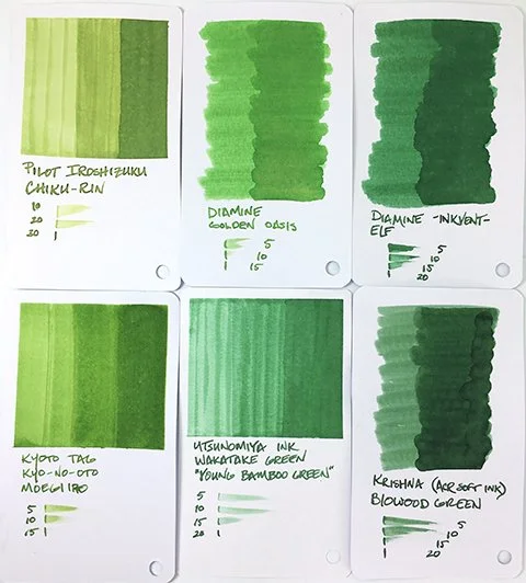 Utsunomiya INK Wakatake Green fountain pen ink swatch card comparisons