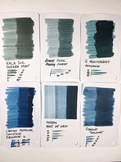 Herbin Vert de Gris Fountain Pen Ink swatch card comparisons