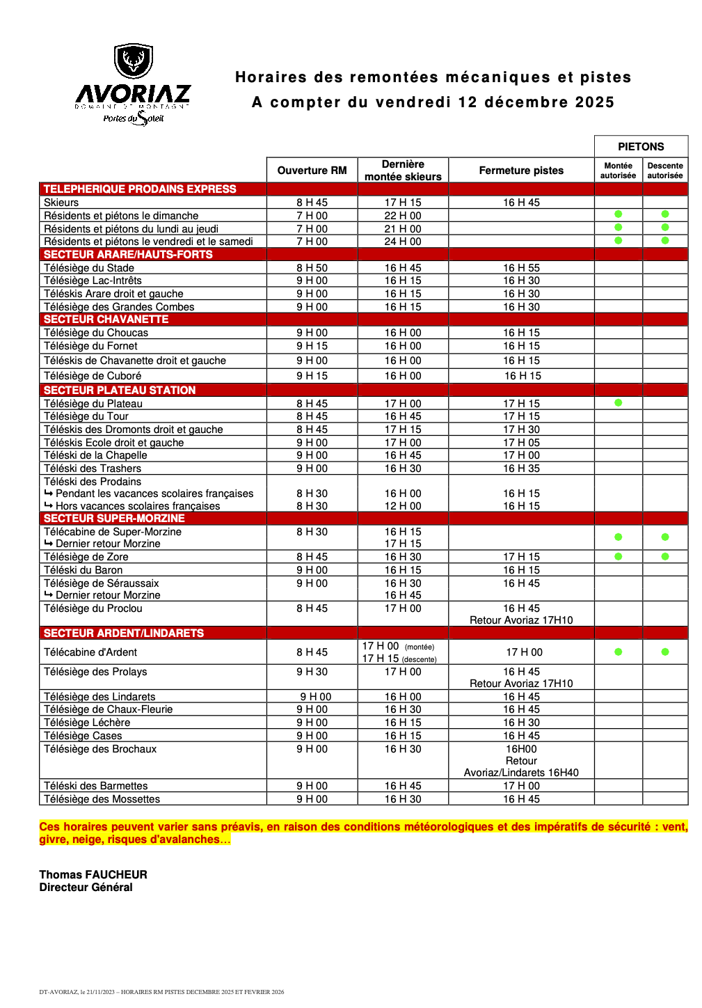 Avoriaz - Lift Opening and closing times - Winter 2026