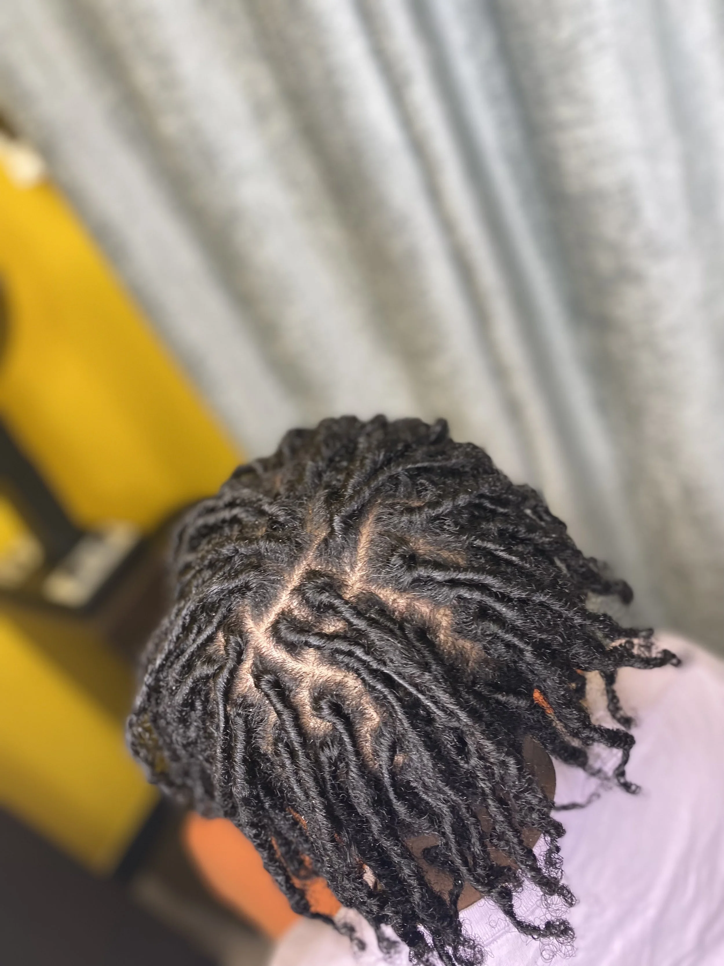 Top view of a person's head with black dreadlocks styled into twists.
