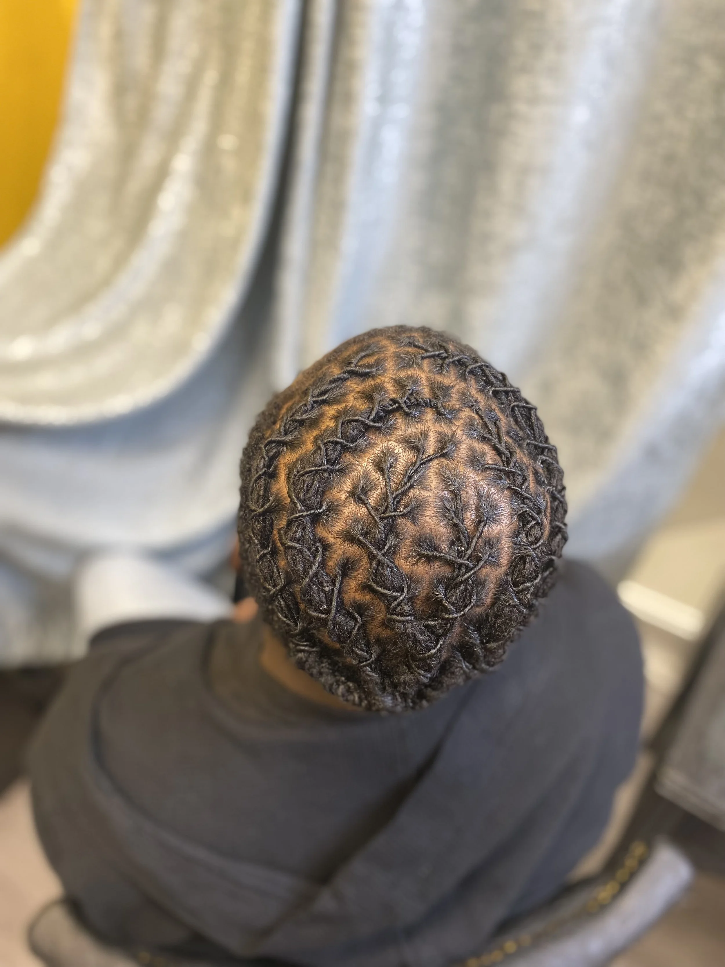 Top view of a person's head with intricate braided hairstyle with styled edges, wearing a black shirt, sitting next to a metallic silver curtain.