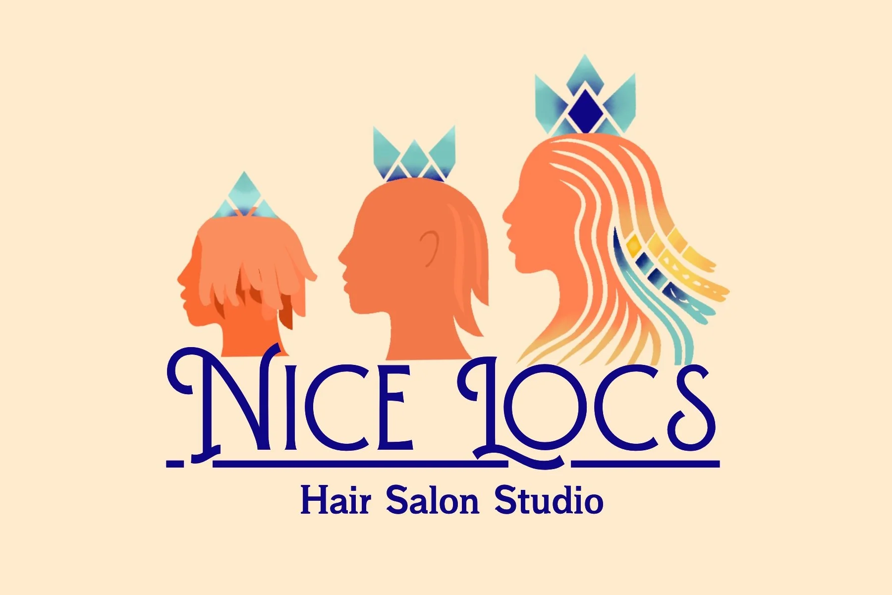 Logo for Nice Locks Hair Salon Studio featuring three stylized female head profiles with varying hairstyles and geometric crown icons above their heads.