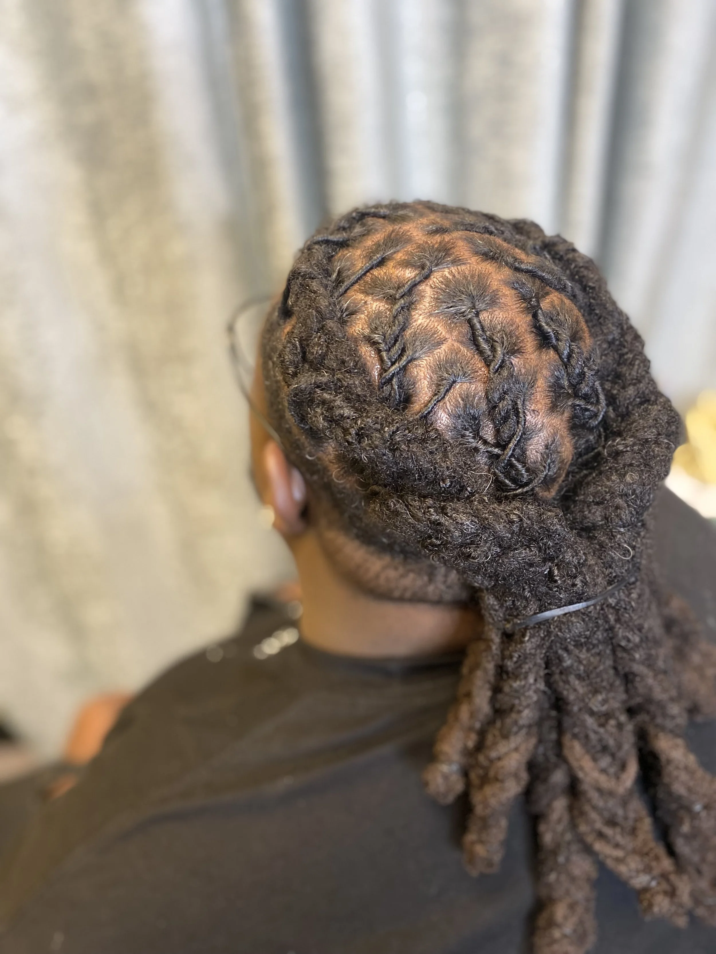 Back view of a person with freshly styled dreadlocks, partially wrapped in a black hair tie, hair arranged in a spiral pattern, and wearing a black shirt.