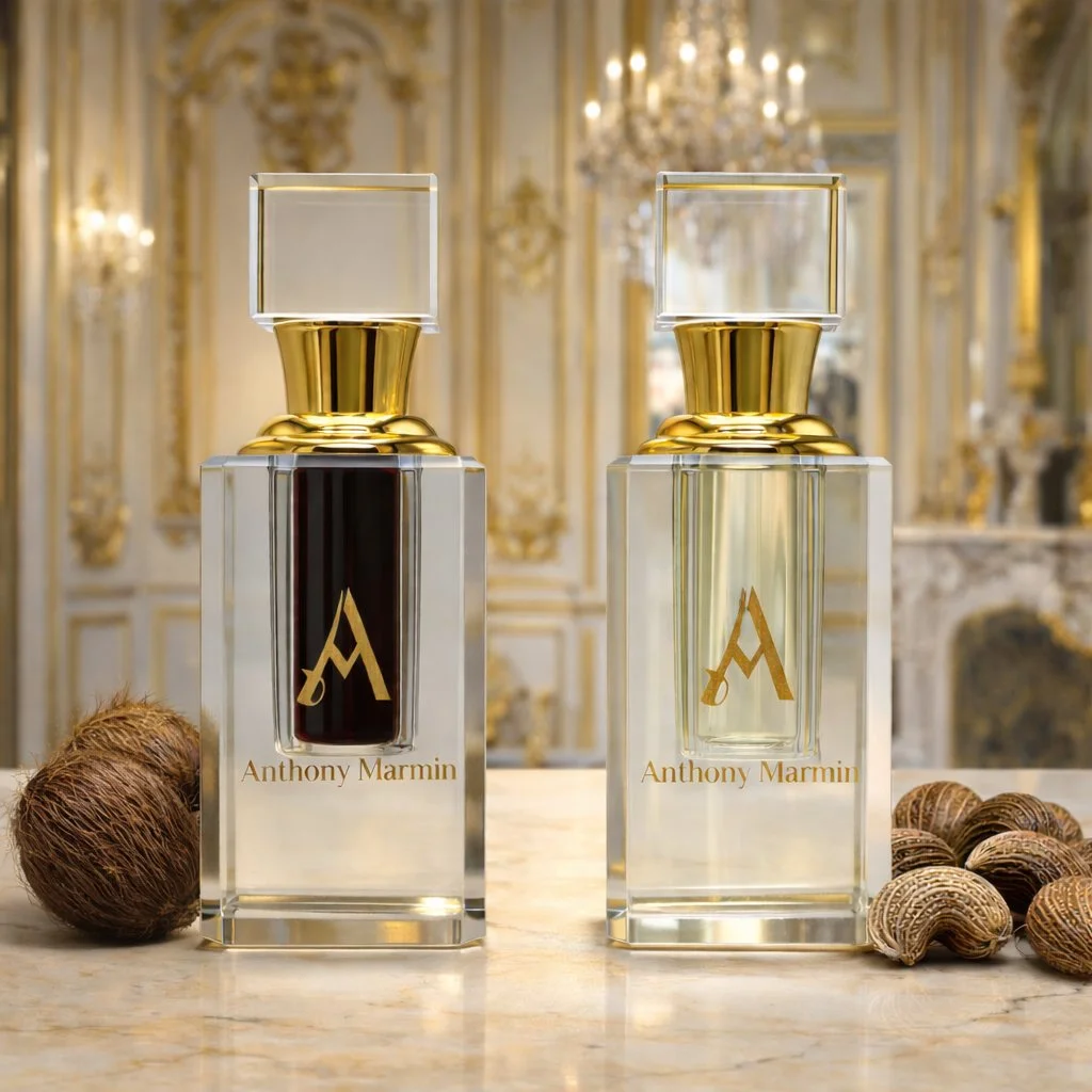 Two luxury perfume bottles labeled Anthony Marmin are displayed on a marble surface in an opulent, ornate room with chandeliers, decorated with seashells and a coconut nearby.