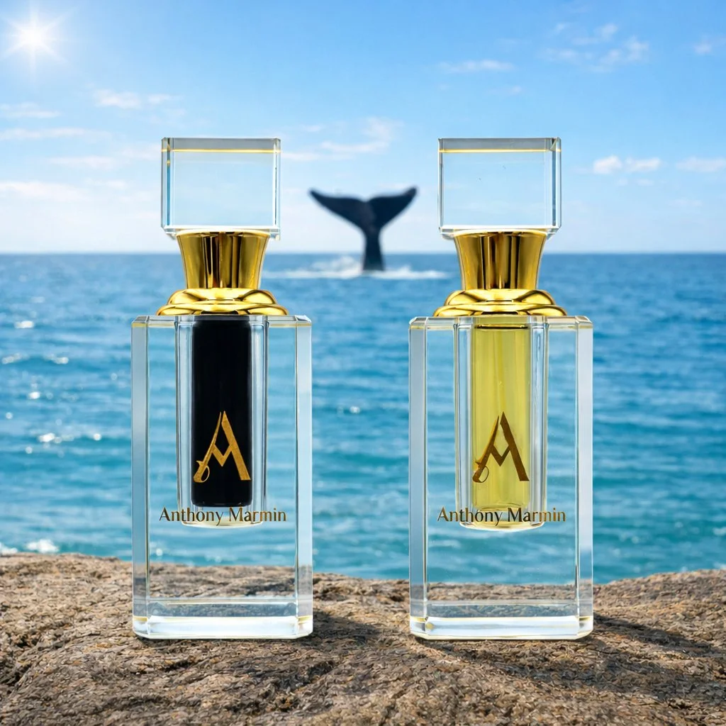 Two bottles of Anthony Marmin perfume with a whale tail in the ocean background.