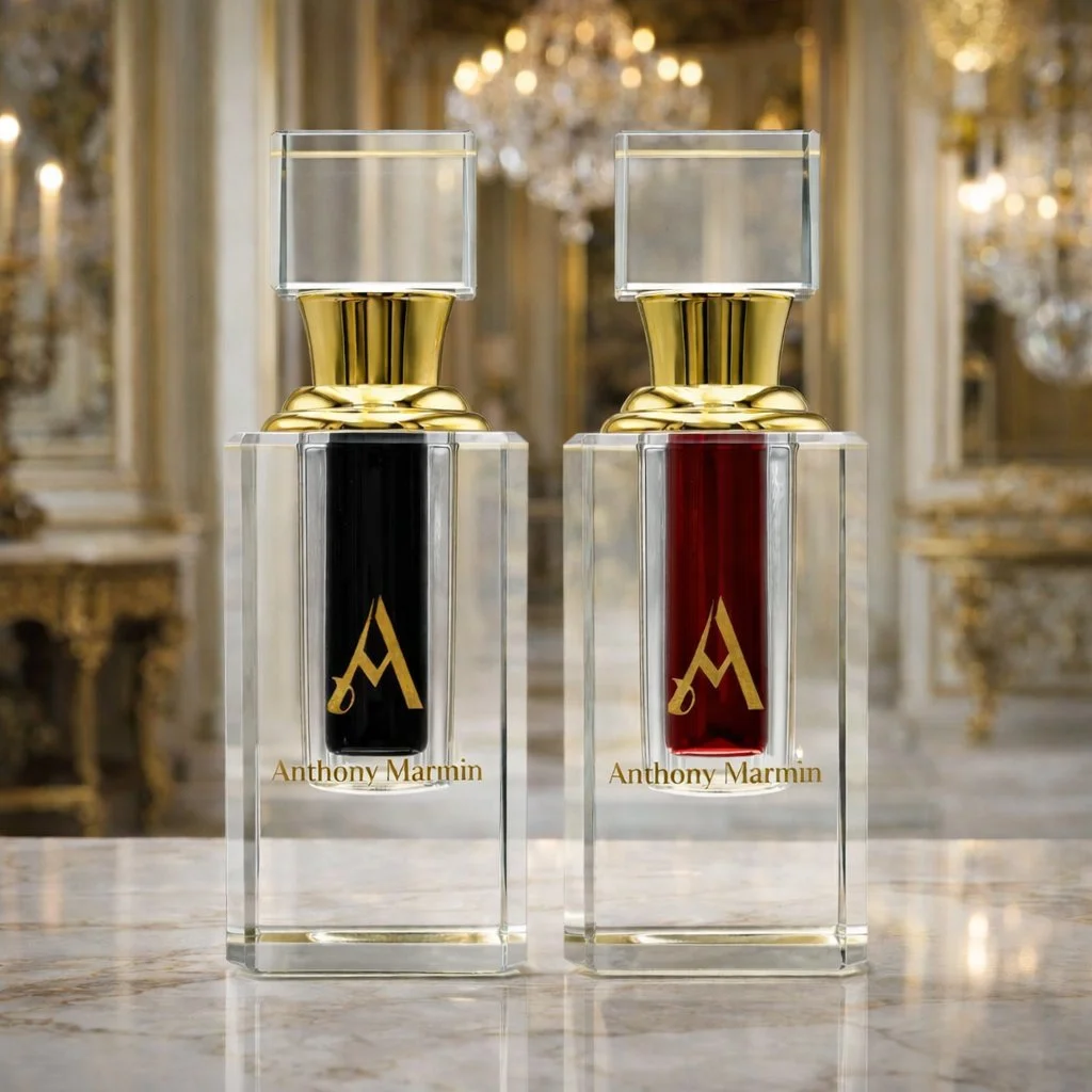 Two luxury perfume bottles with gold accents, one with a black label, the other with a red label, both displaying a gold 'A' and the name 'Anthony Marmin' in gold text, set against an ornate, chandelier-lit interior.