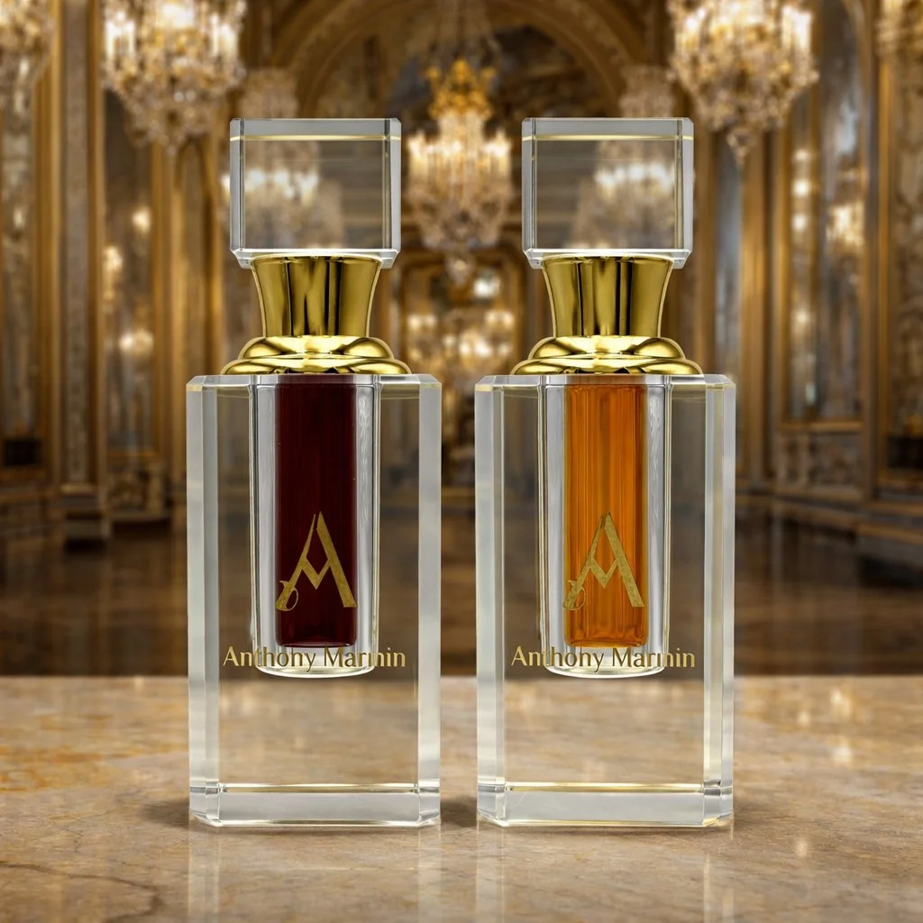 Two luxurious bottles of perfume with gold accents, placed on a marble surface inside an ornate, gold-adorned room with chandeliers.