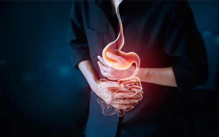 Person clutching stomach with an illustrated depiction of stomach and intestines