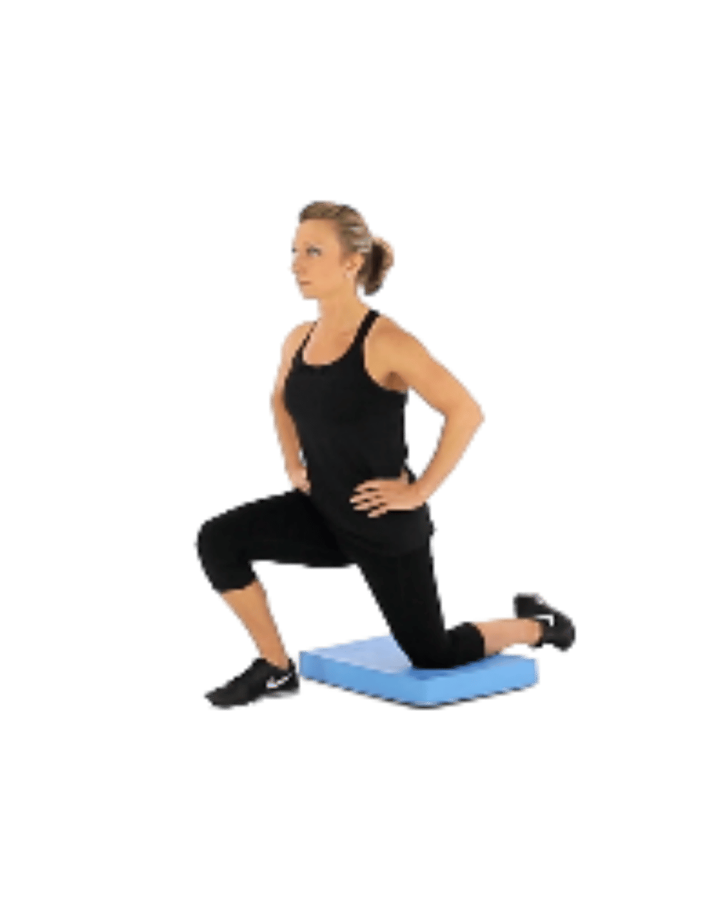 A woman performing the half kneeling hip flexor stretch