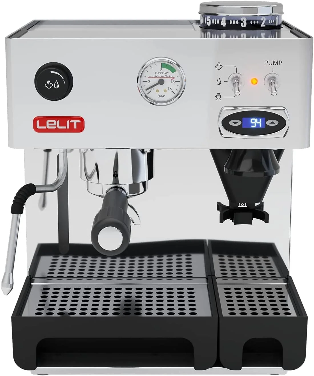 Eine Espressomaschine mit digitalem Display, Wasserdruckanzeige, Reglern für Dampf und Pumpe, und mehrere Bedienelemente.