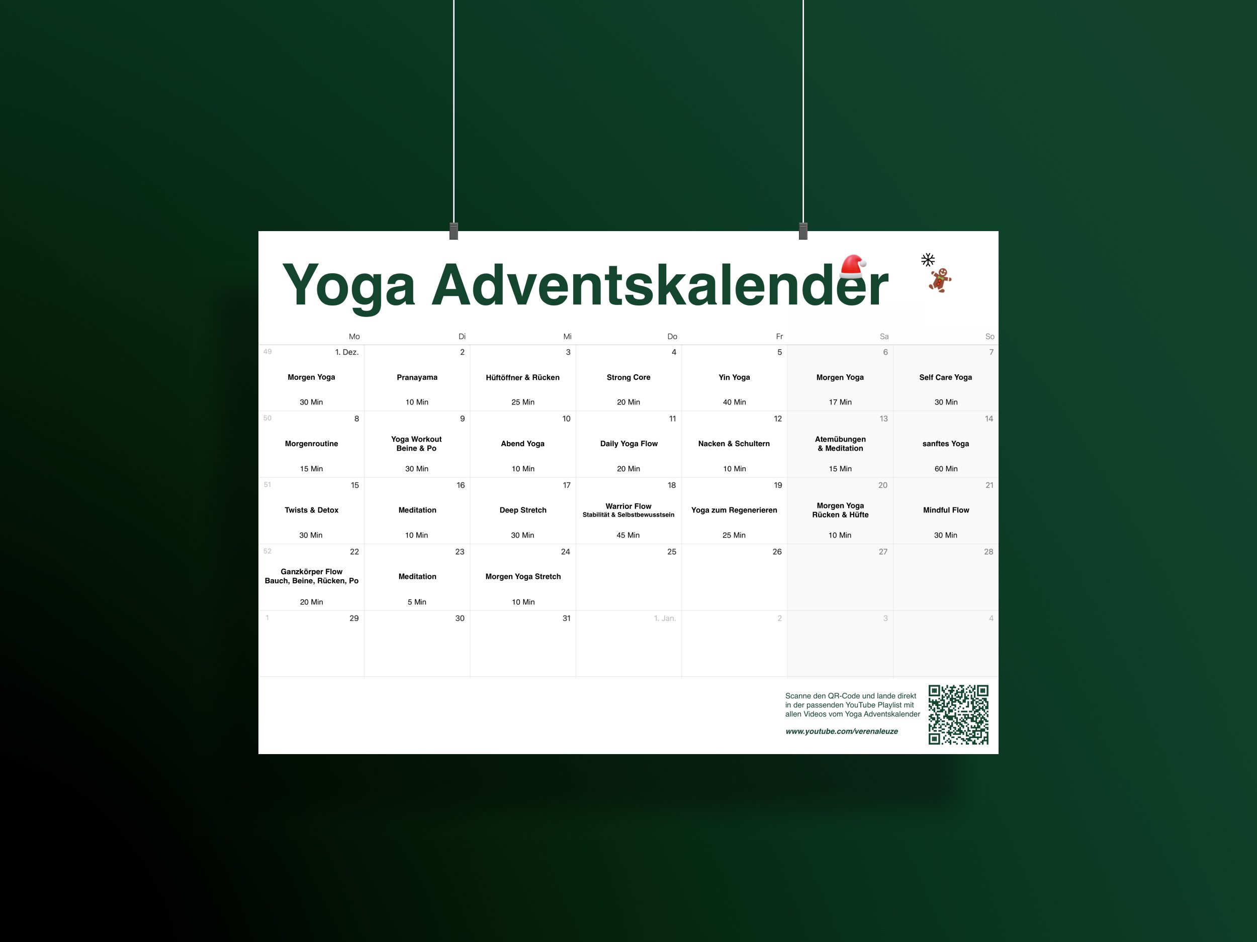 Yogaplan Dezember 2025 Adventskalender mit 24 Yoga Videos