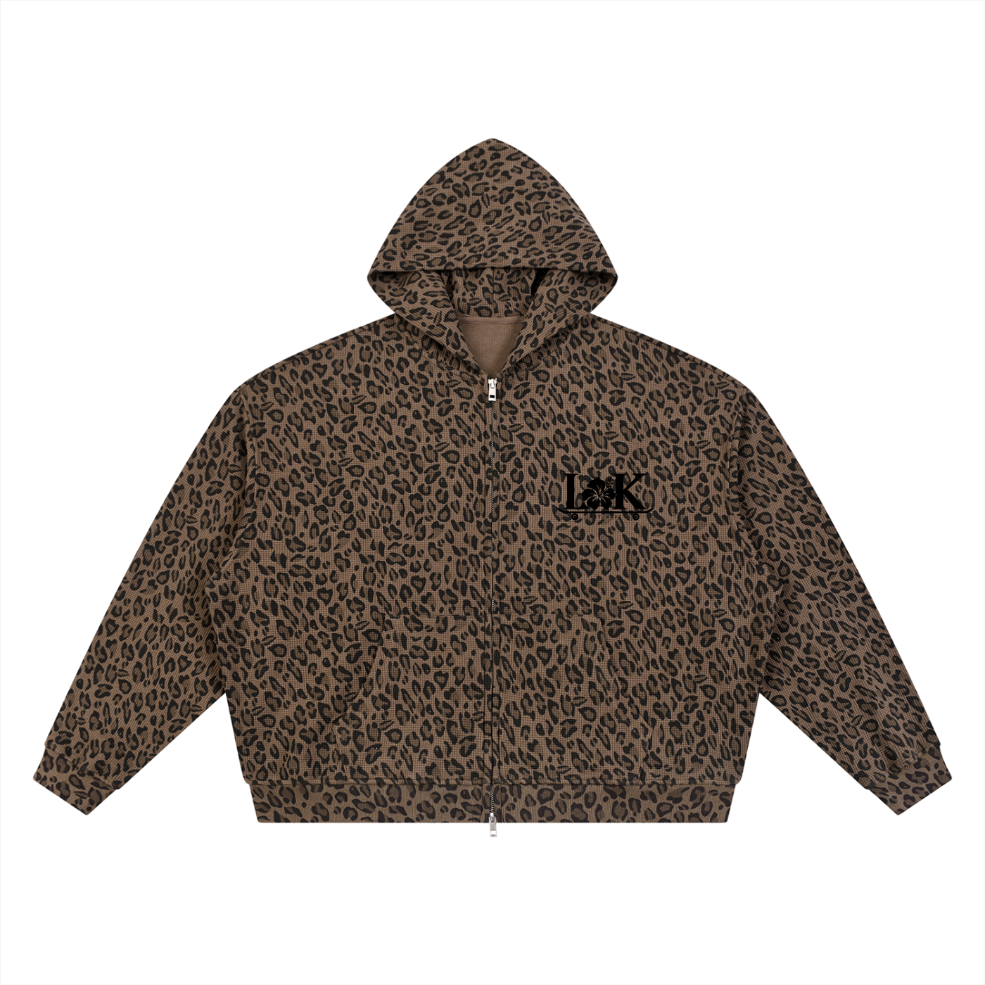 Leopard Print Waffle Full Zip Hoodie