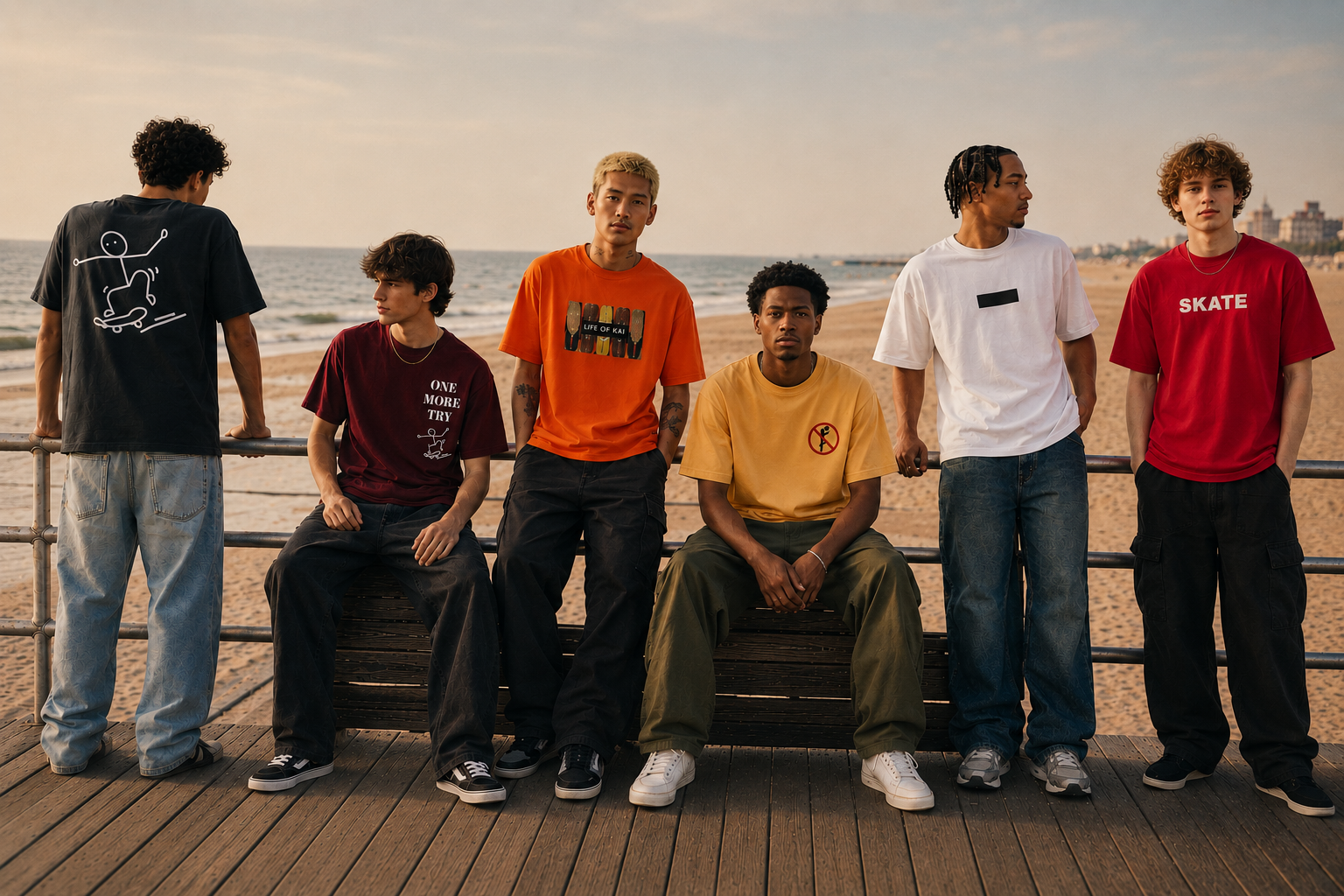 Six young men standing and sitting on a beach promenade with the ocean in the background. They are dressed in casual streetwear, with one in red, one in white, one in yellow, one in orange, one in maroon, and one in black, each with distinct graphic T-shirts.