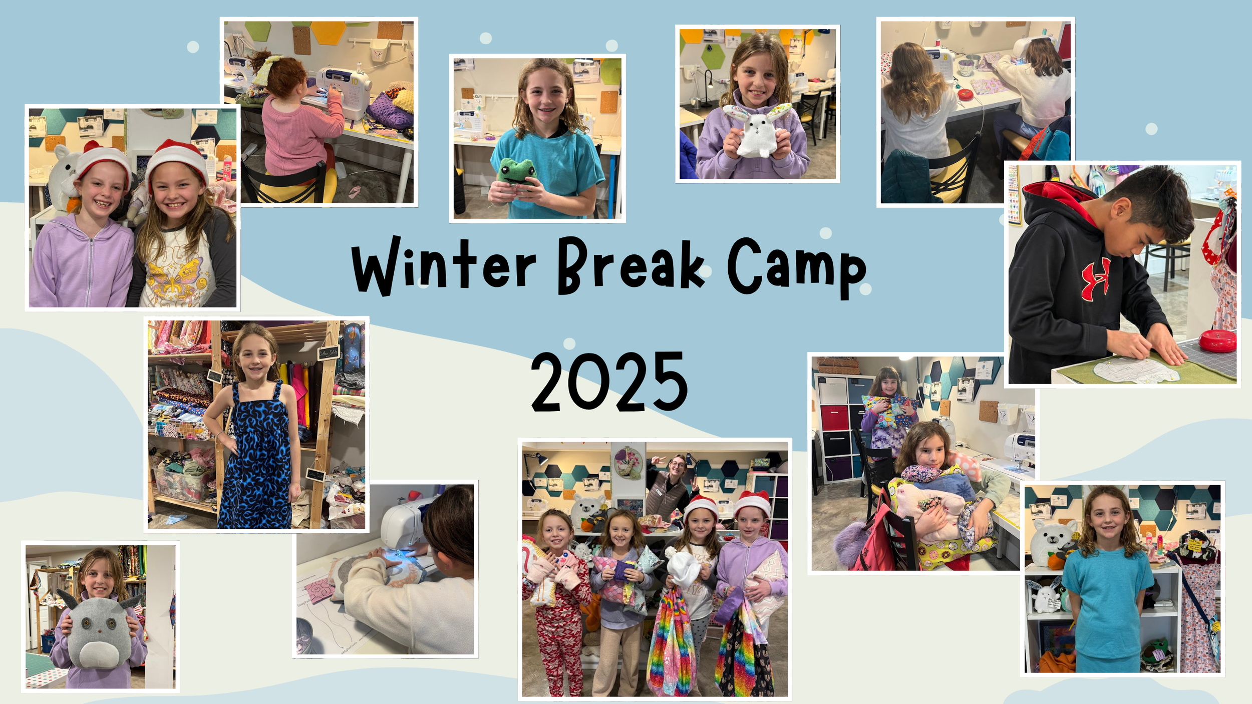 Collage of photos showing children participating in activities during Winter Break Camp 2025, including sewing, crafts, and gift-making, with some children wearing holiday-themed clothing and accessories.