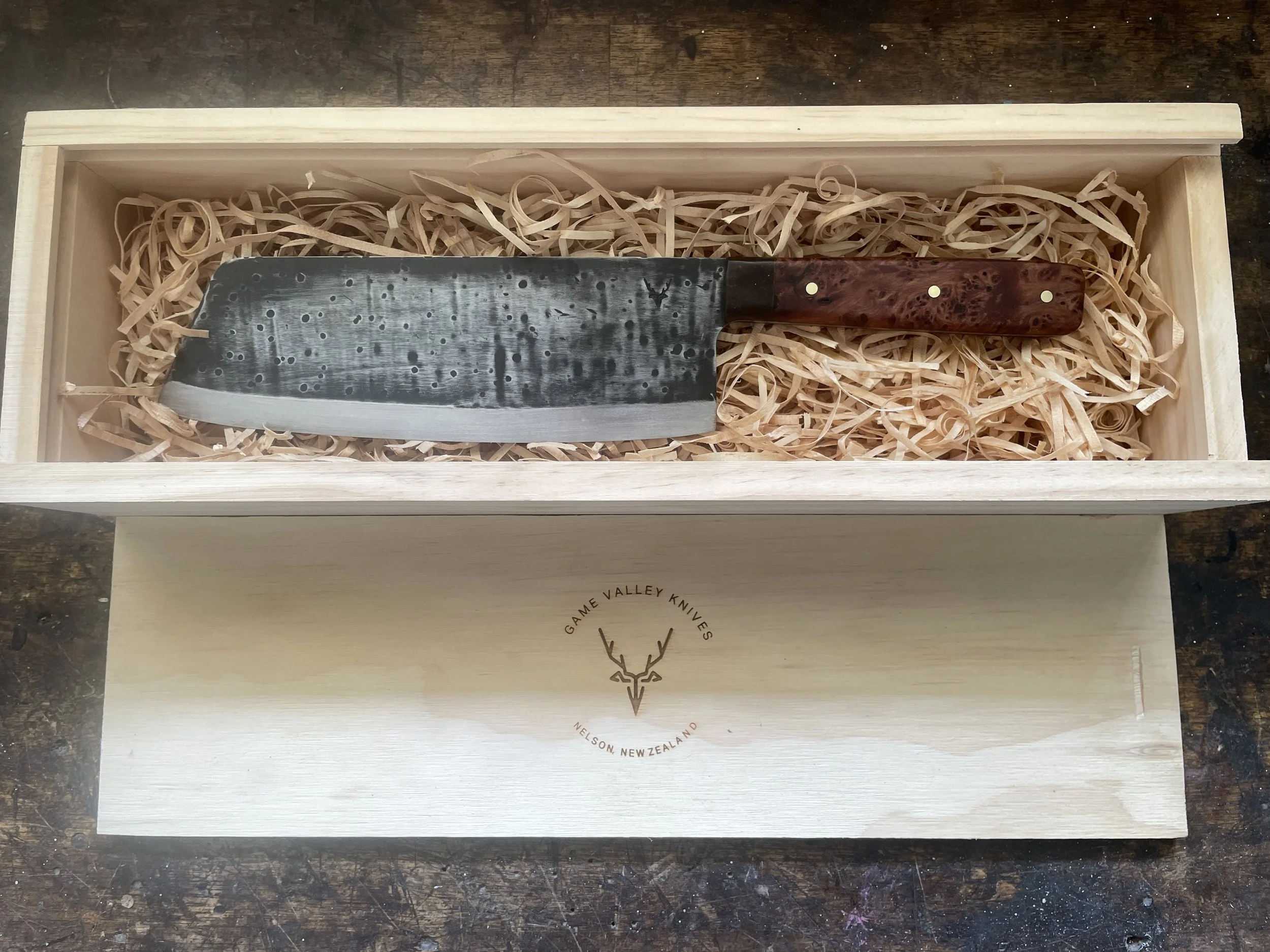 Chef Cleaver Totara Burl in gift box