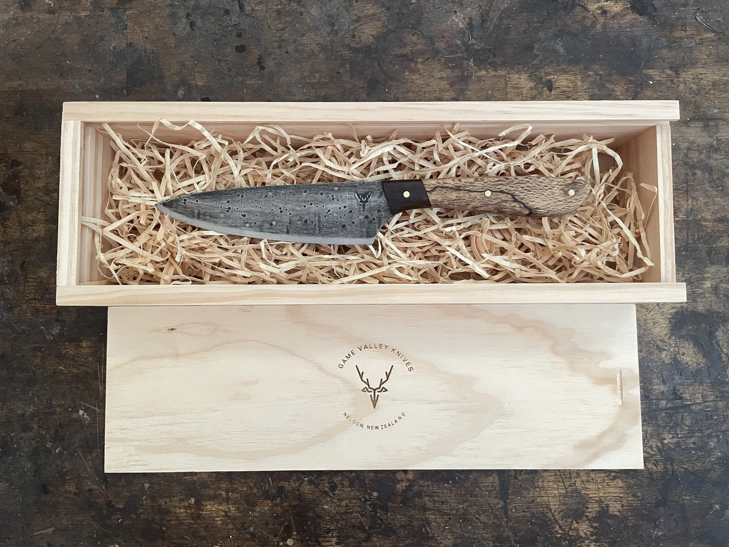 Spalted Rewarewa 6 inch Chef Knife in gift box