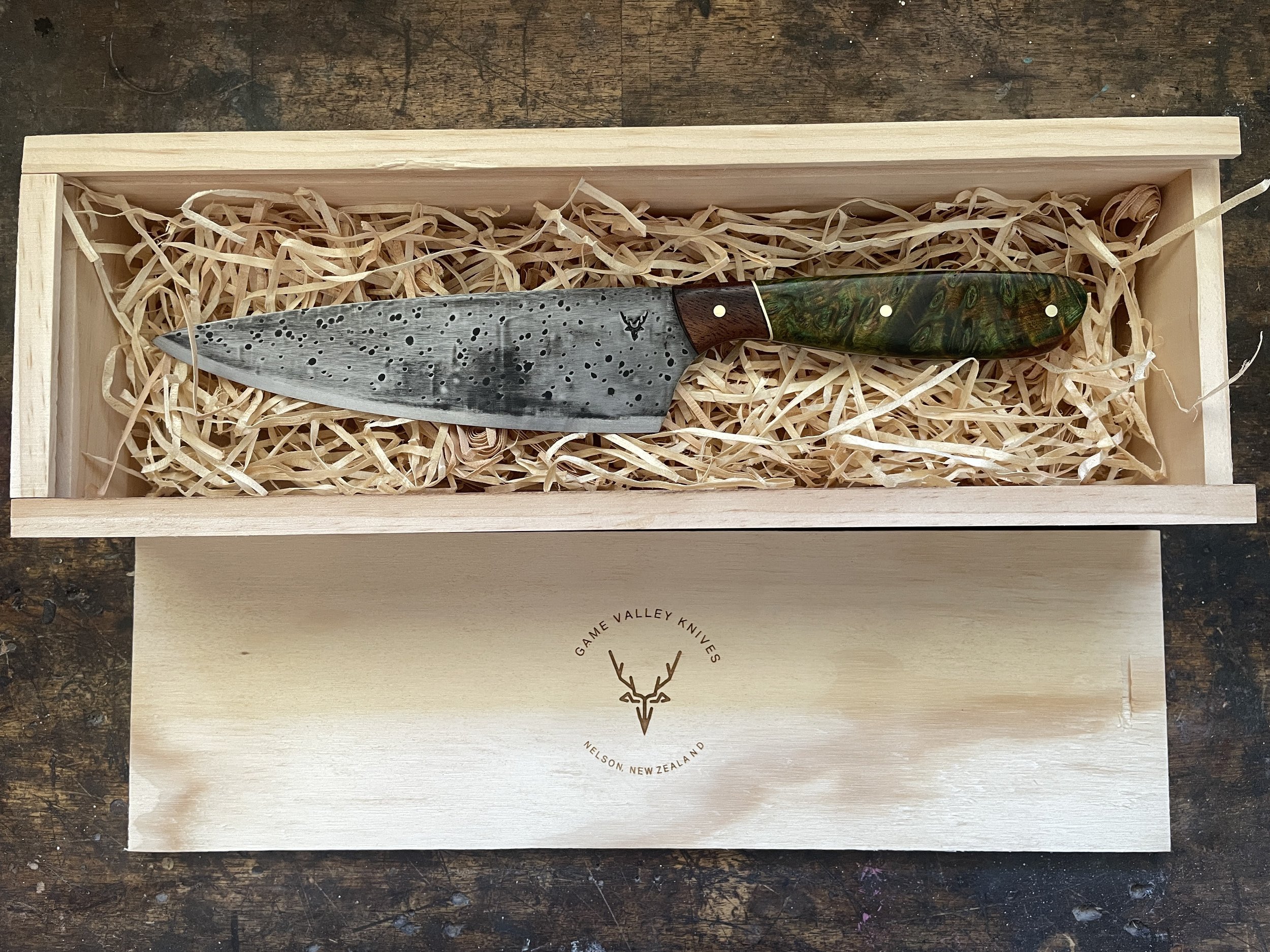 Curly Birch Chef Knife in gift box