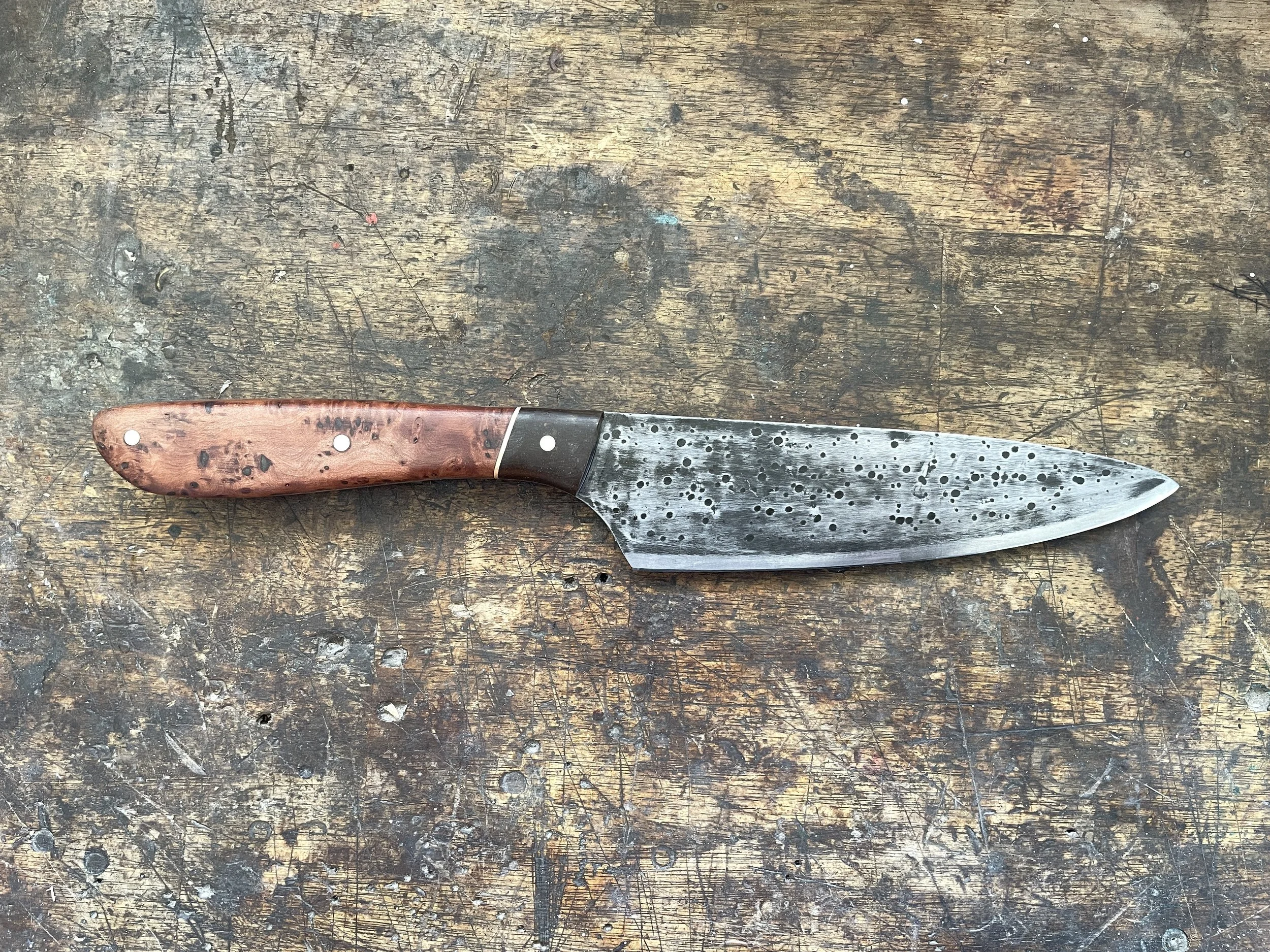 6 inch chef knife totara burl facing right