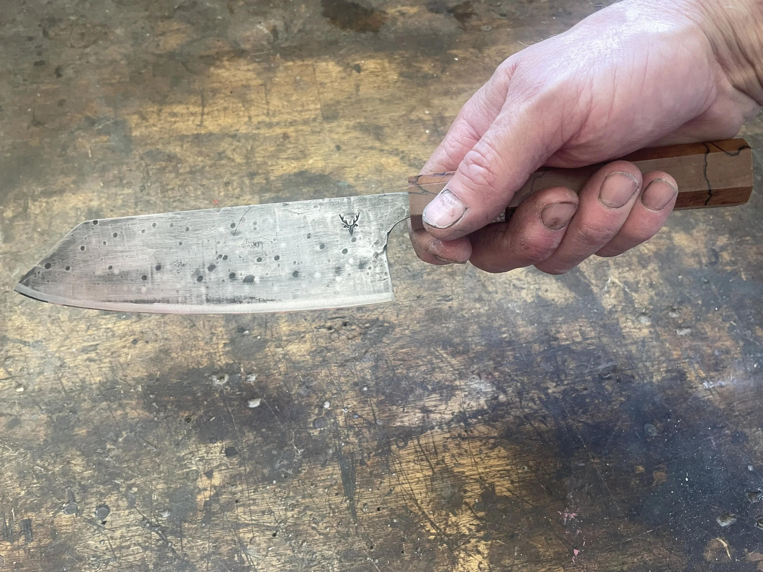 Japanese Chef Knife Spalted Birch in the hand