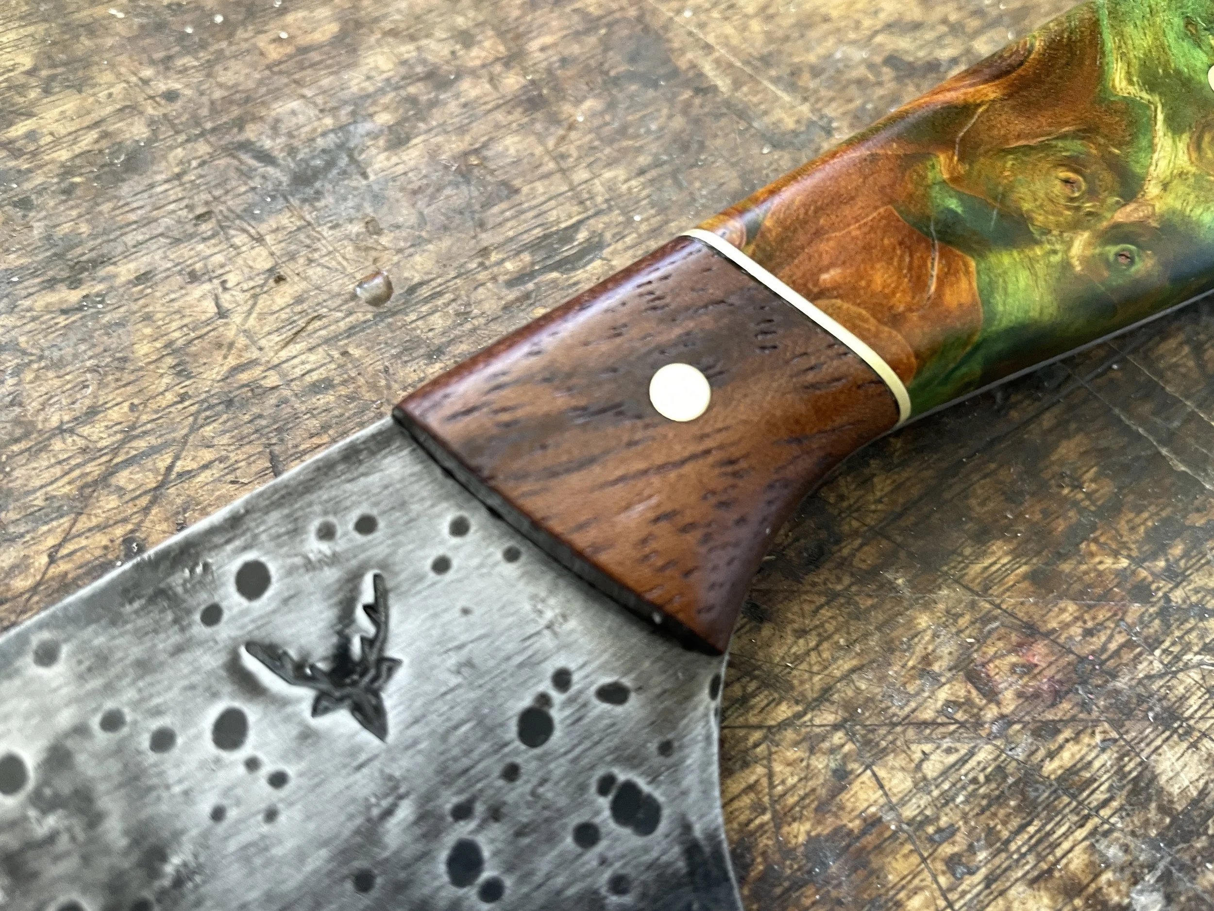 Curly Birch Green & Brown Chef Knife close up