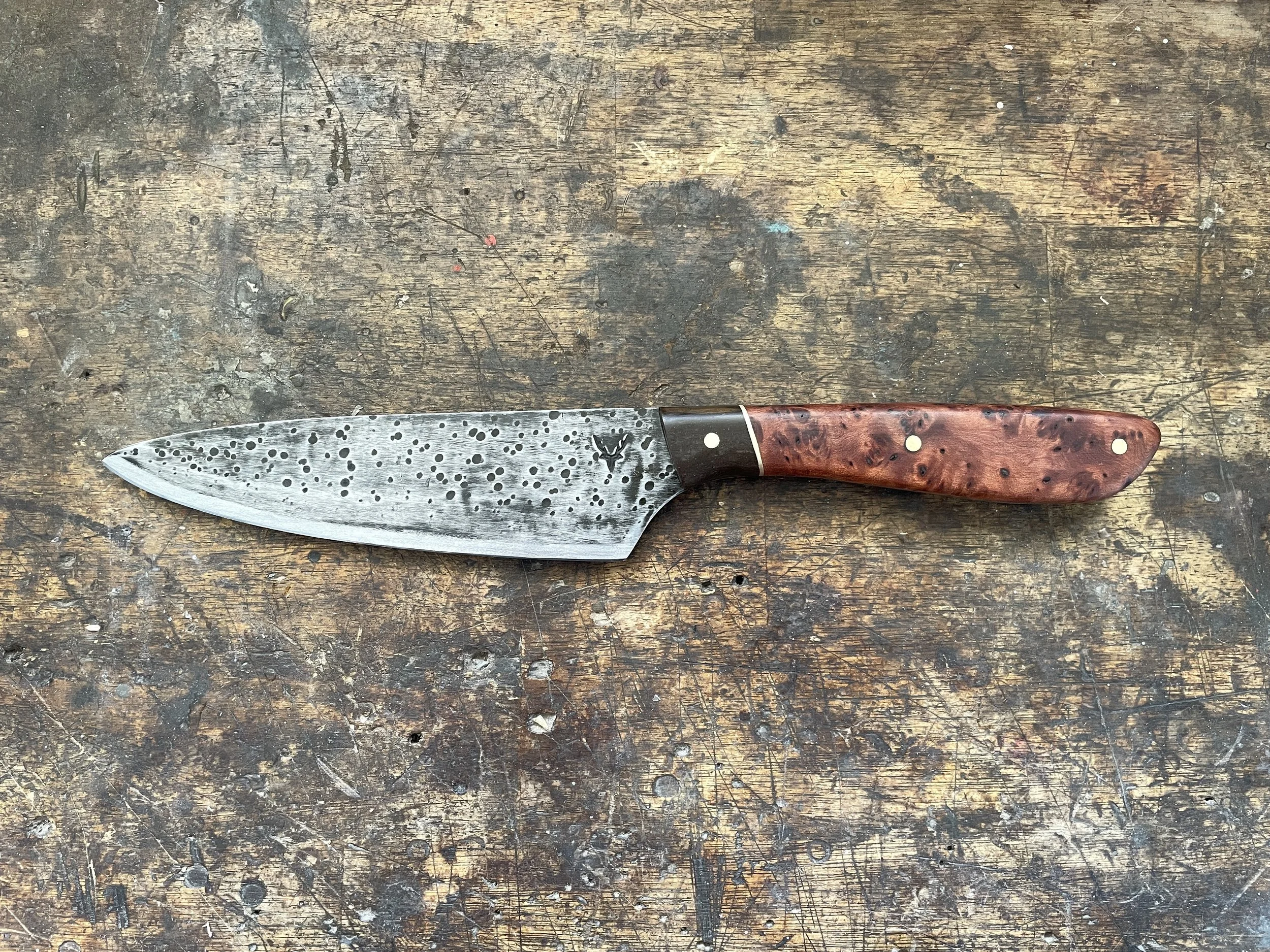 6 inch chef knife totara burl facing left