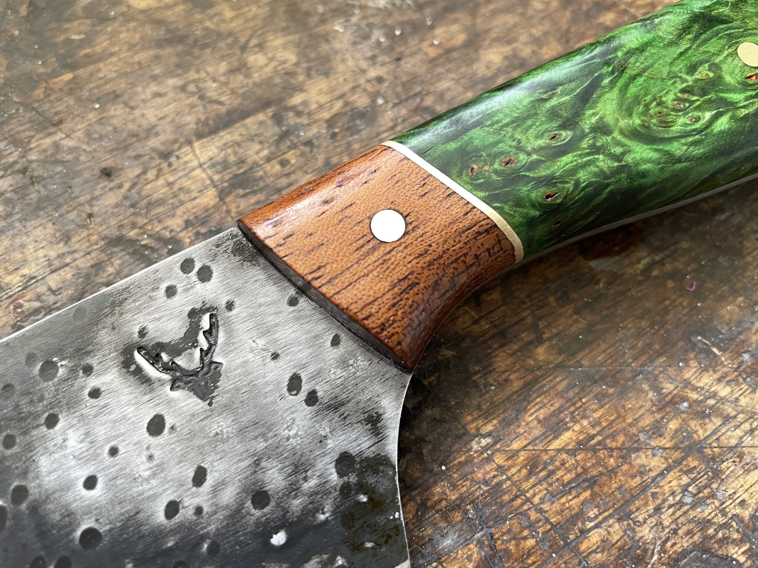 Curly Birch and Teak Chef Knife close up