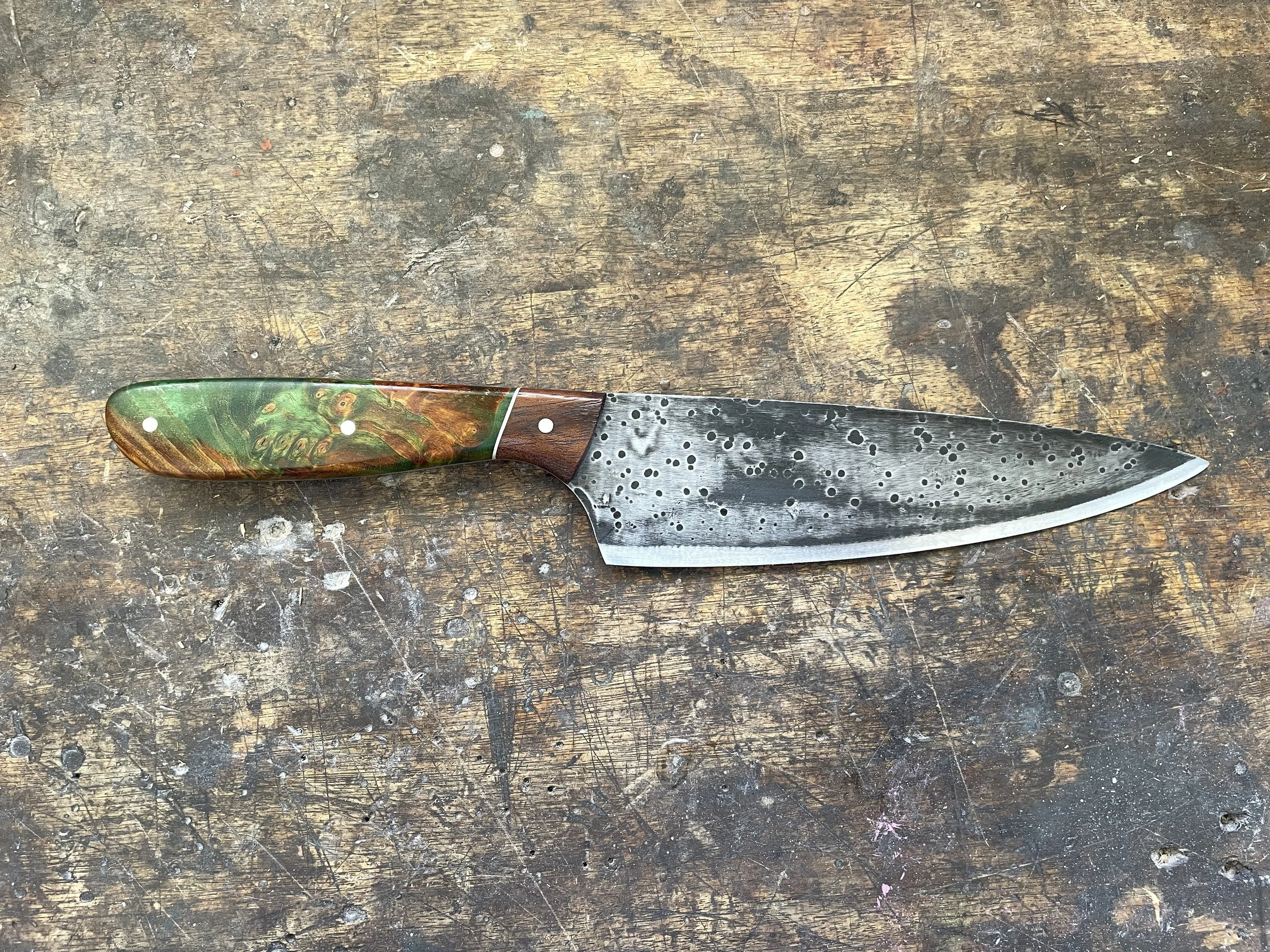 Curly Birch Green & Brown Chef Knife facing right