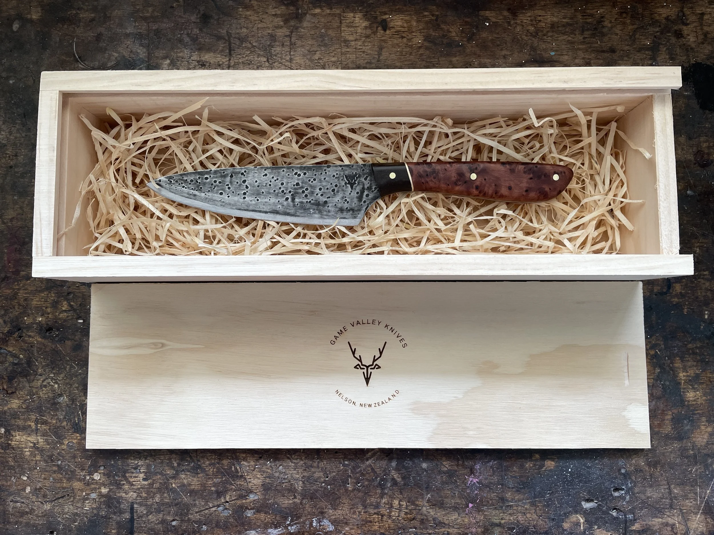 6 inch chef knife totara burl in gift box