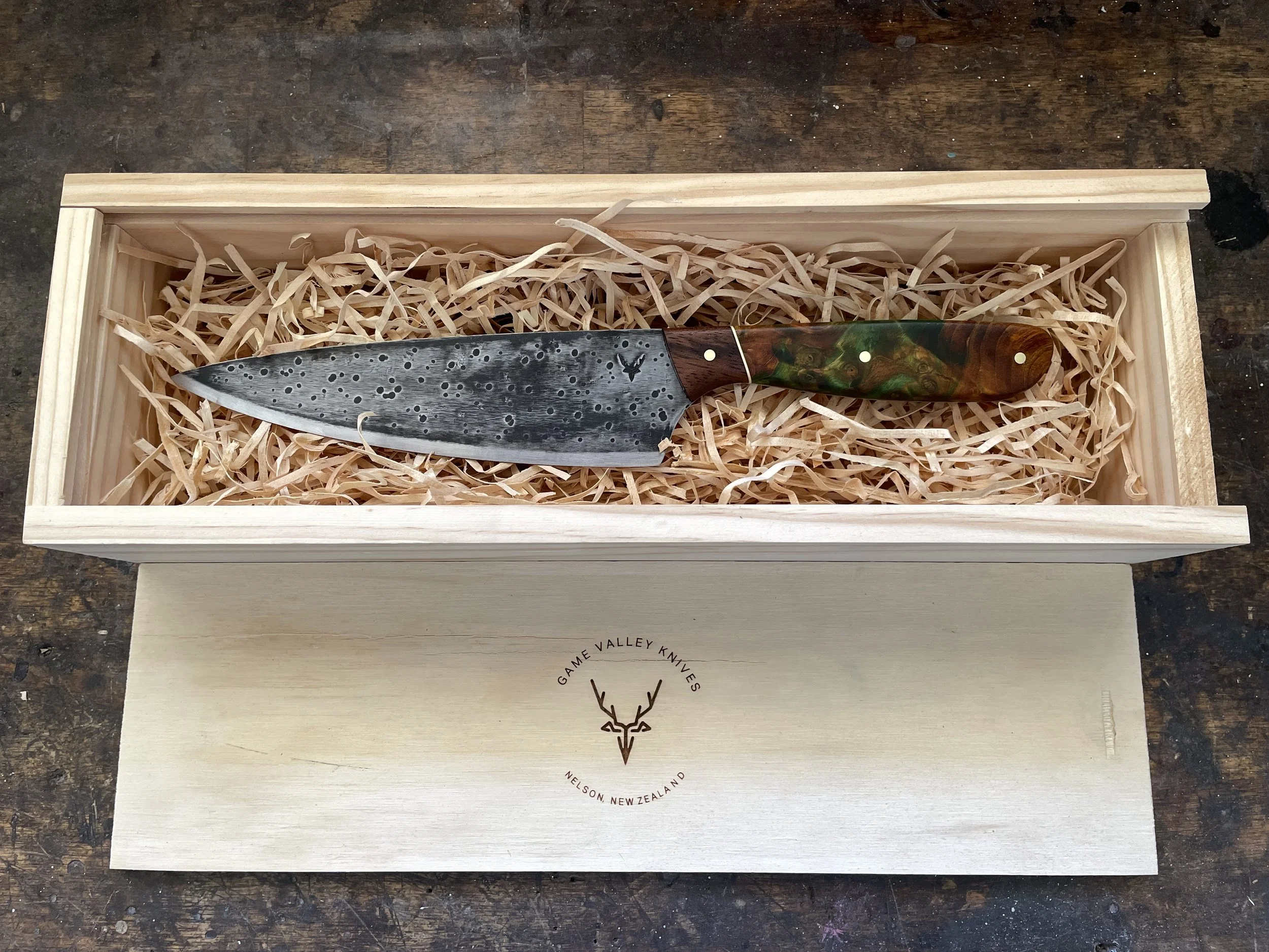 Curly Birch Green & Brown Chef Knife in gift box