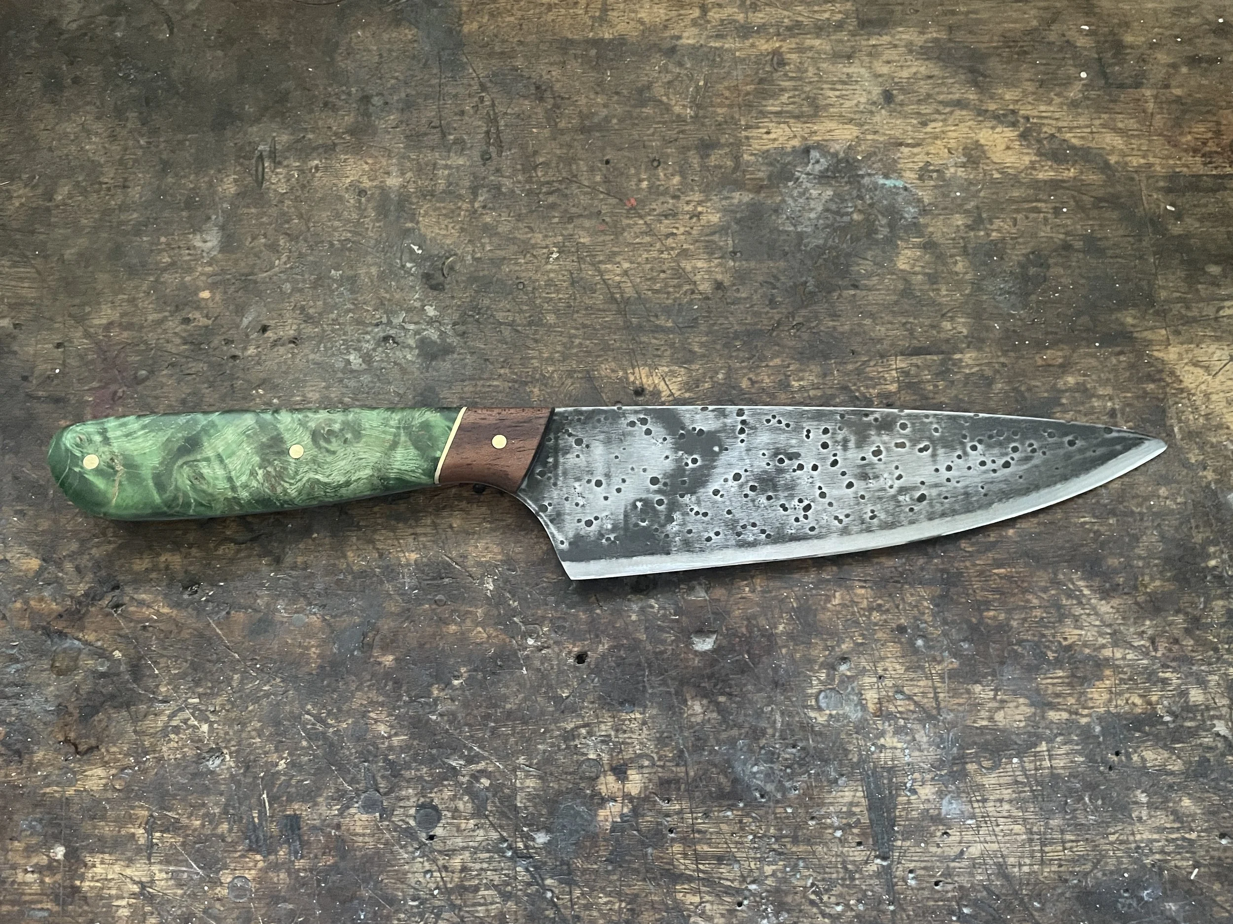 Curly Birch Green Chef Knife facing right